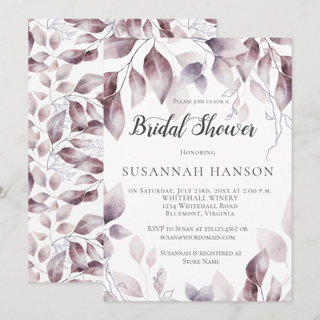 Watercolor Mauve Pink Leaves Bridal Shower Invitation (Front/Back)