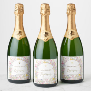 watercolor meadow flowers Baptism Sparkling Wine Label