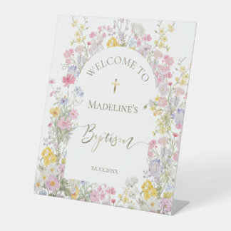 watercolor meadow flowers Baptism welcome Pedestal Sign