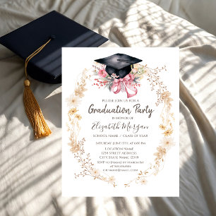 Watercolor Meadow Flowers Cap Bow Graduation Invitation
