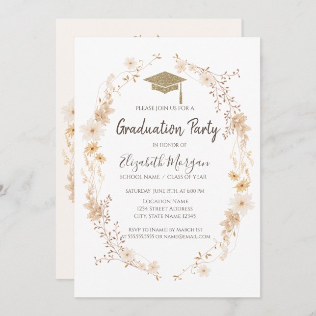 Watercolor Meadow Flowers Glitter Cap Graduation  Invitation (Front/Back)