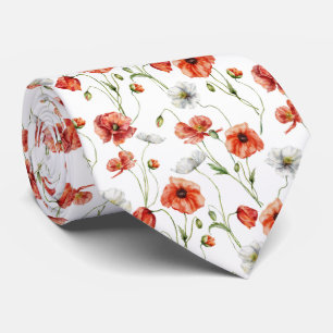 Watercolor Meadow Poppies And White Wildflowers  Tie