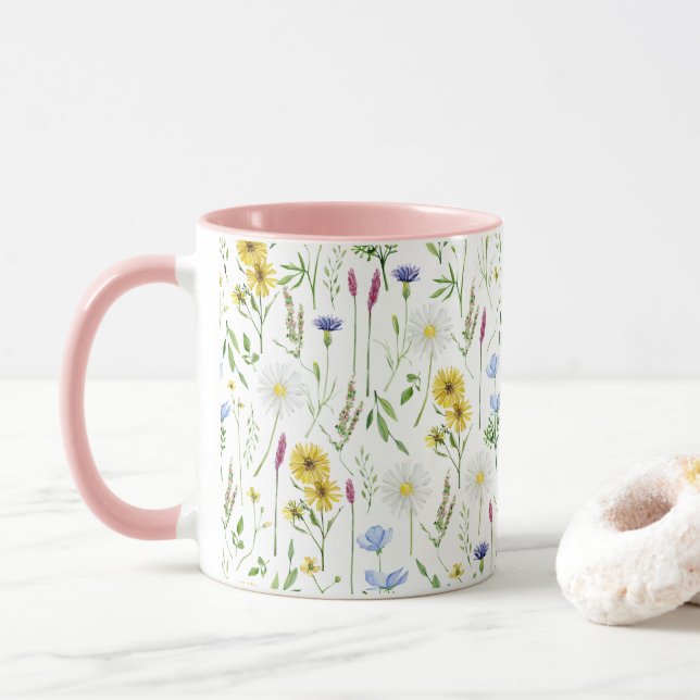 Watercolor Meadow Wild Floral Pattern  Mug (With Donut)