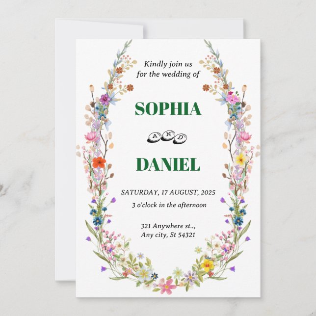 Watercolor Meadow Wildflower Bohemian Wedding Invitation (Front)