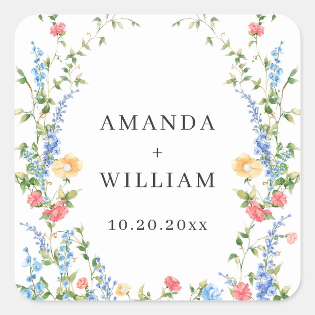 Watercolor Meadow Wildflower Bohemian Wedding Square Sticker (Front)