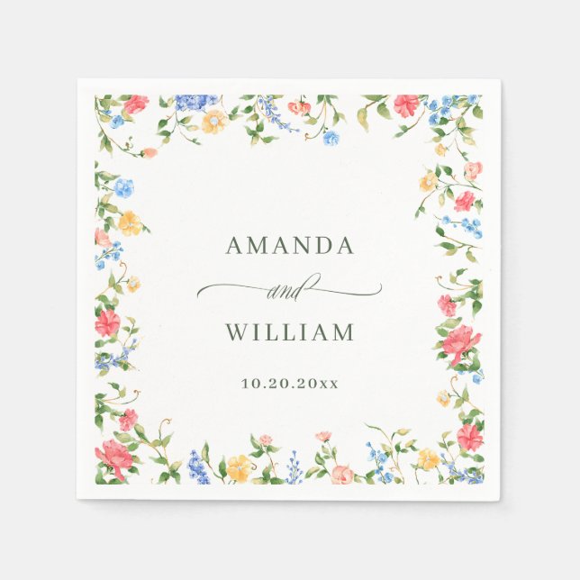 Watercolor Meadow Wildflower Boho Wedding Napkin (Front)