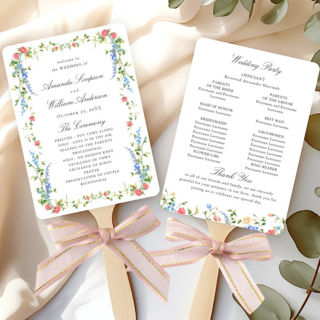 Watercolor Meadow Wildflower Boho Wedding Program Hand Fan (Creator Uploaded)
