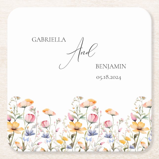 Watercolor Meadow Wildflower Classic Wedding Square Paper Coaster (Front)