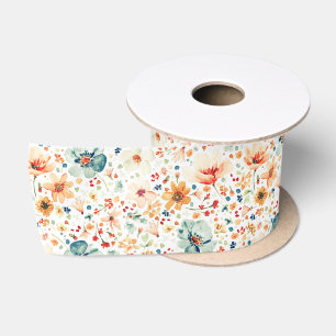 Watercolor Meadow Wildflower Elegant Earthy Fall Satin Ribbon