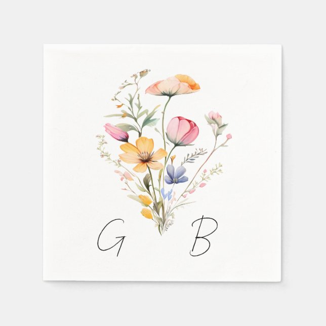 Watercolor Meadow Wildflower Monogram Wedding Napkin (Front)