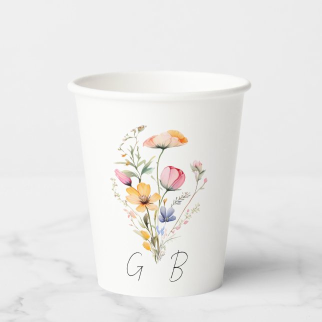 Watercolor Meadow Wildflower Monogram Wedding Paper Cups (Front)