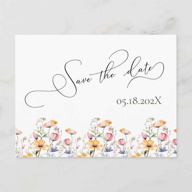 Watercolor Meadow Wildflower Save the Date Wedding Postcard (Front)