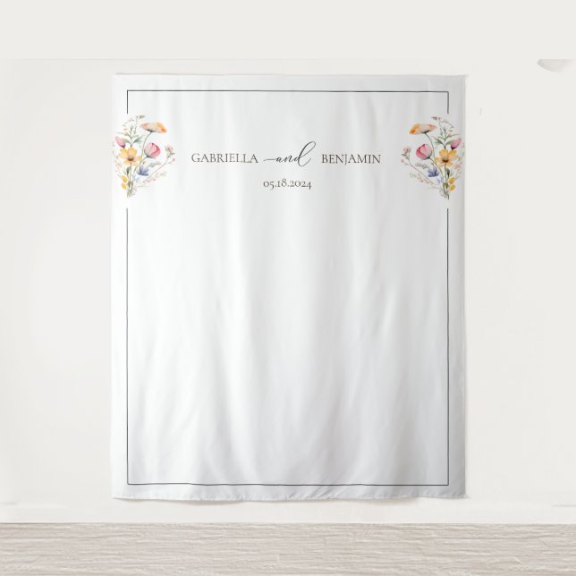 Watercolor Meadow Wildflower Wedding Backdrop Tapestry (Front)