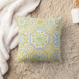 Watercolor Mediterranean Azulejo Boho Pattern  Throw Pillow