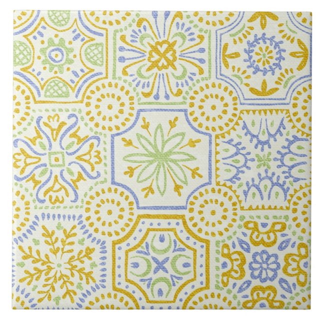Watercolor Mediterranean Azulejo Boho Pattern  Tile (Front)