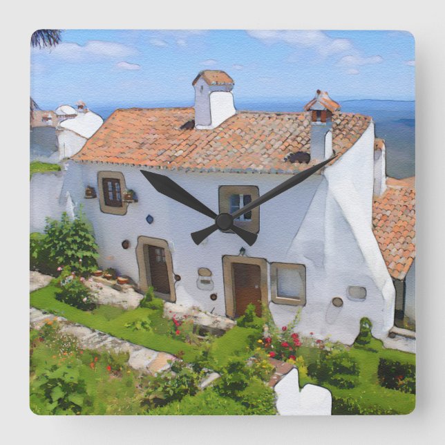 Watercolor Mediterranean house Square Wall Clock (Front)