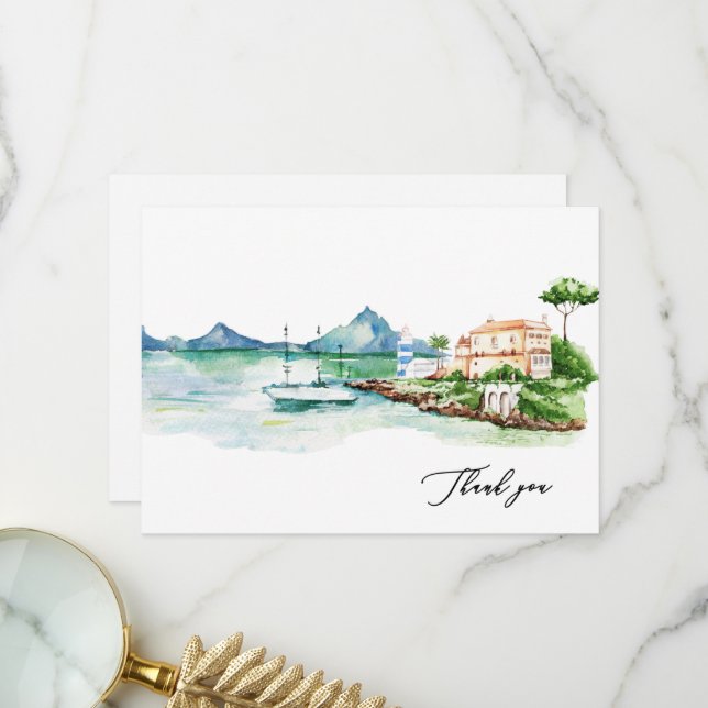 Watercolor Mediterranean Landscape Custom Name Thank You Card (Front/Back In Situ)