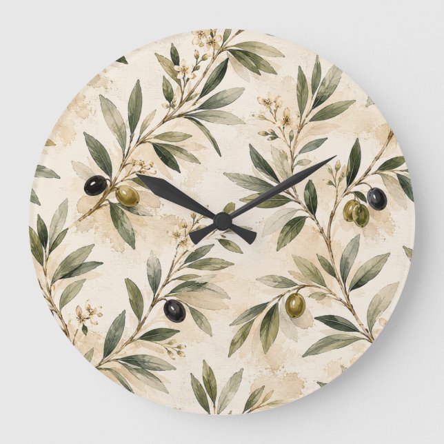Watercolor Mediterranean Olive Branch Clock (Front)