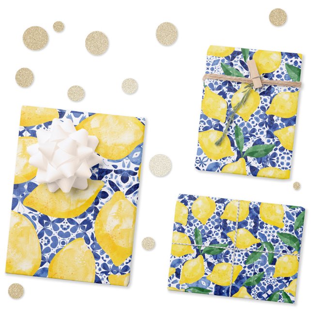 Watercolor Mediterranean Tile Lemon Pattern Citrus Wrapping Paper Sheet (Watercolor lemons on a blue and white Mediterranean tile background patterned gift wrap sheets)