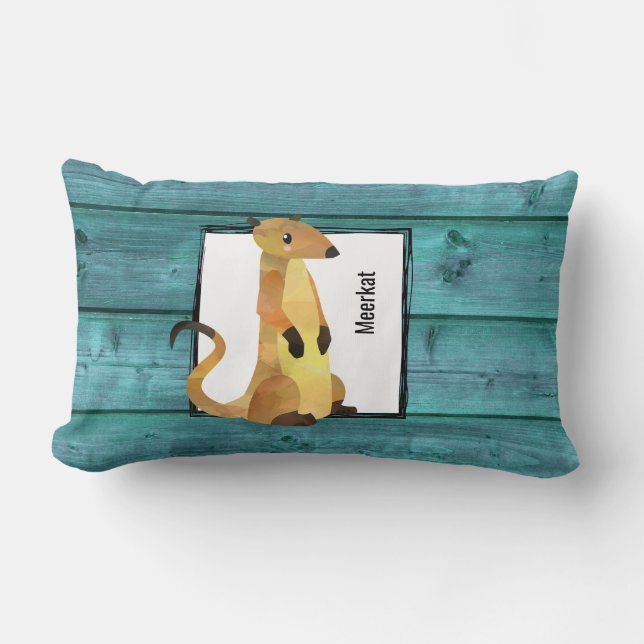 Watercolor Meerkat on a Blue Wood Background Lumbar Pillow (Front)