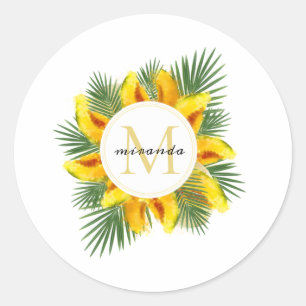 Watercolor Melon Tropical Leaves Wreath Monogram Classic Round Sticker