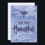 Watercolor Menorah Hanukkah Flat Photo Card<br><div class="desc">A wash of watery blue serves as a subtle backdrop for a textured menorah illustration and inky, hand-lettered Happy Hanukkah text. Don't forget to personalize this two-photo holiday card with your own photos and name text. Add your own special touch with the "customize it" options and change everything from the...</div>