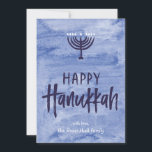 Watercolor Menorah Hanukkah Flat Photo Card<br><div class="desc">A wash of watery blue serves as a subtle backdrop for a textured menorah illustration and inky, hand-lettered Happy Hanukkah text. Don't forget to personalize this two-photo holiday card with your own photos and name text. Add your own special touch with the "customize it" options and change everything from the...</div>