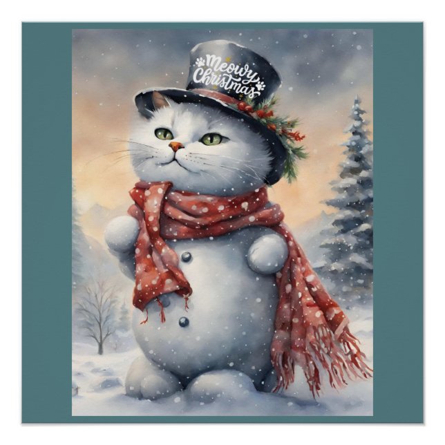 Watercolor Meowy Christmas Cute Cat Snowman   Poster (Front)