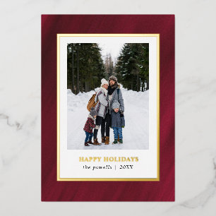 Watercolor Merlot Red frame Photo Christmas Foil Holiday Card