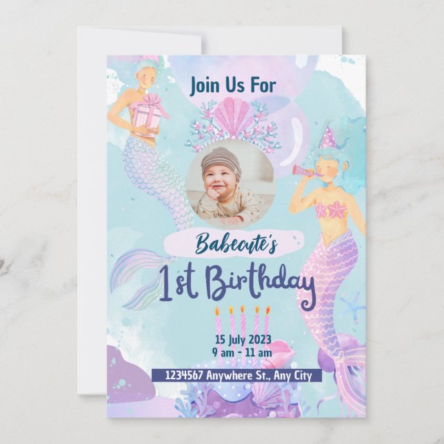 Watercolor Mermaid 1st birthday invitation (Front)