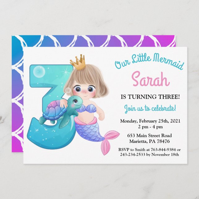 Watercolor Mermaid 3rd Birthday Party Invitation (Front/Back)