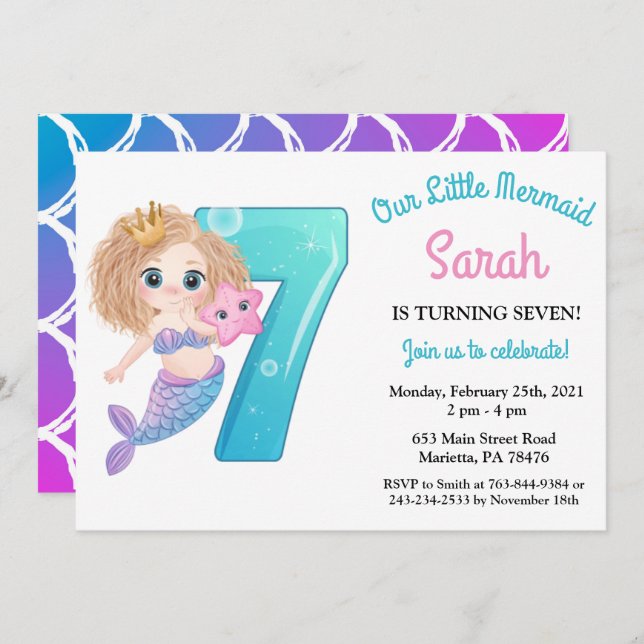 Watercolor Mermaid 7e anniversaire fête Invitation (Devant / Derrière)