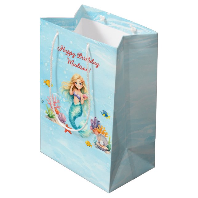 Watercolor Mermaid Birthday Medium Gift Bag (Back Angled)