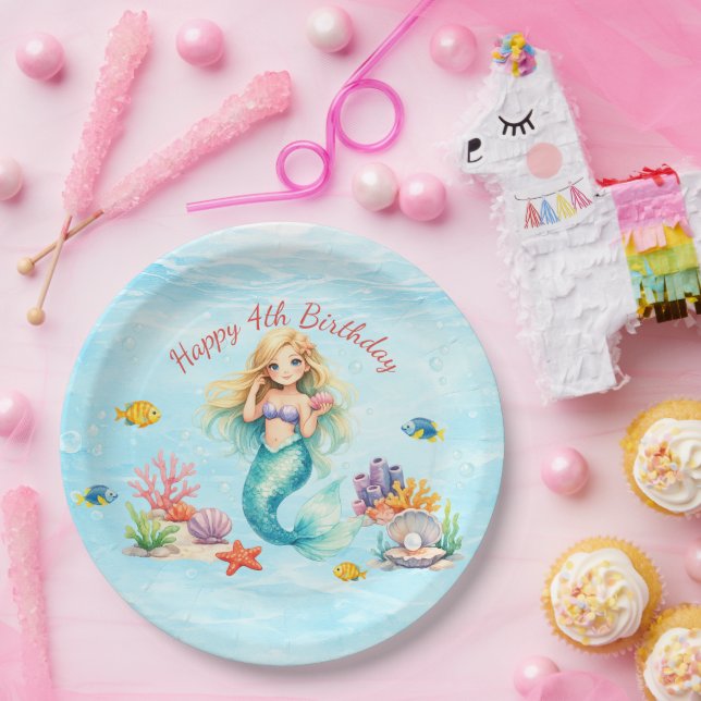 Watercolor Mermaid Birthday Paper Plate (Party)