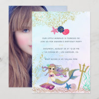Watercolor Mermaid Birthday Party Photo Invitation