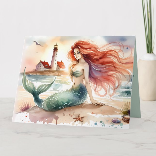 Watercolor Mermaid by Lighthouse Shore Card (Front)