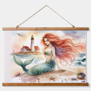 Watercolor Mermaid by Lighthouse Shore Hanging Tapestry