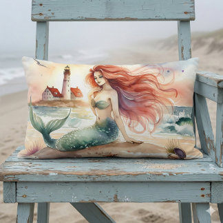Watercolor Mermaid by Lighthouse Shore Lumbar Pillow