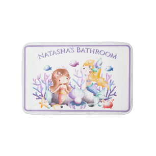 Watercolor Mermaid Custom Name Bathroom Bath Mat