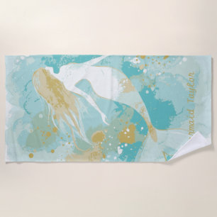 Watercolor Mermaid Gold and Aqua Personalized Beach Towel