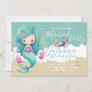 Watercolor Mermaid Ocean Beach Birthday Party   Invitation