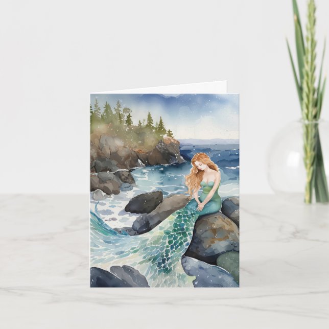 Watercolor Mermaid On Ocean Rocks Note Card (Front)