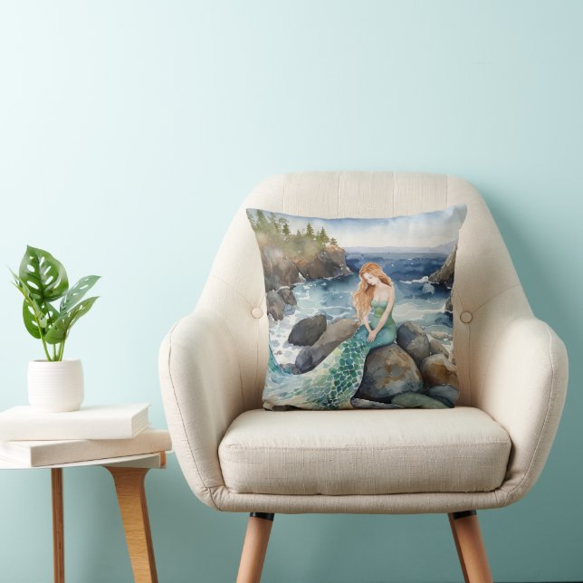 Watercolor Mermaid On Ocean Rocks Throw Pillow (Chair)