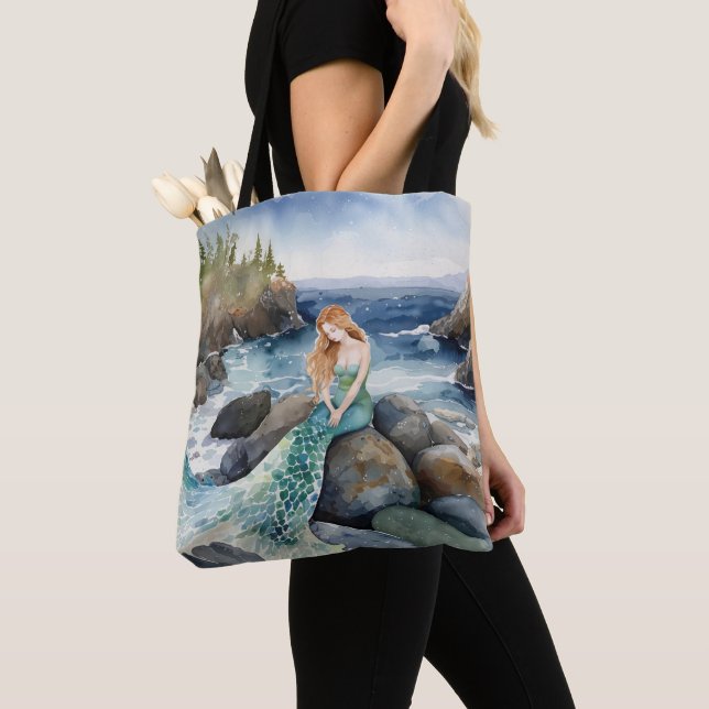 Watercolor Mermaid On Ocean Rocks Tote Bag (Close Up)