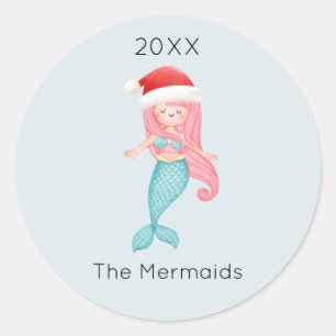 Watercolor Mermaid Santa Christmas Classic Round Sticker