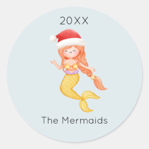 Watercolor Mermaid Santa Christmas Classic Round Sticker