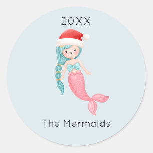 Watercolor Mermaid Santa Christmas Classic Round Sticker