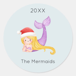 Watercolor Mermaid Santa Christmas Classic Round Sticker