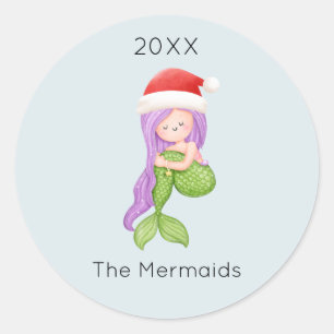 Watercolor Mermaid Santa Christmas Classic Round Sticker