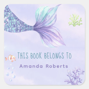 Watercolor mermaid tail - baby shower bookplate square sticker